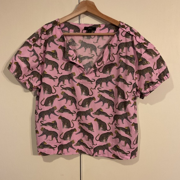 J. Crew Ratti Cheetah Print Safari Blouse Pink Open V Neck 100% Cotton Women’s L - Picture 2 of 14